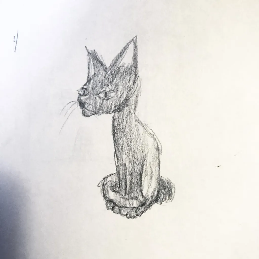 A pencil sketch of a stylized, seated cat with pointed ears and a slender body, facing left.