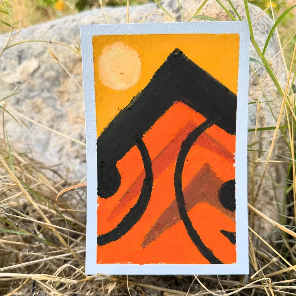 Bright orange and yellow fill a vertical composition featuring a large black angular shape over a yellow circle and curved black lines forming a stylized face.