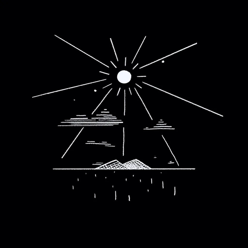White line art on black depicts a central sunburst radiating light over layered geometric structures and a detailed foreground landscape with small vertical marks.