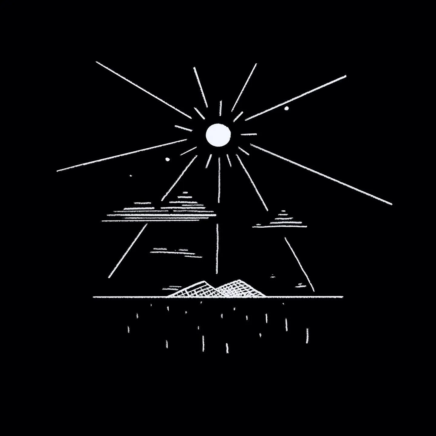 White line art on black depicts a central sunburst radiating light over layered geometric structures and a detailed foreground landscape with small vertical marks.