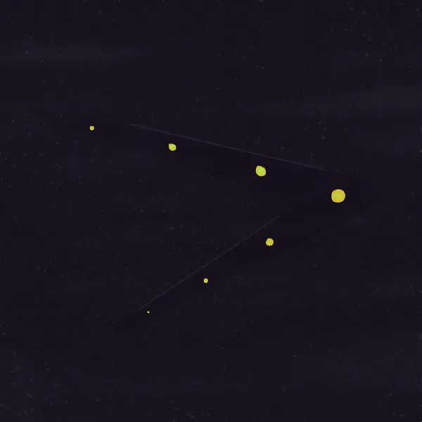 A dark, speckled background holds a bright yellow chevron shape, marked by a sequence of five smaller yellow dots arranged along its length.