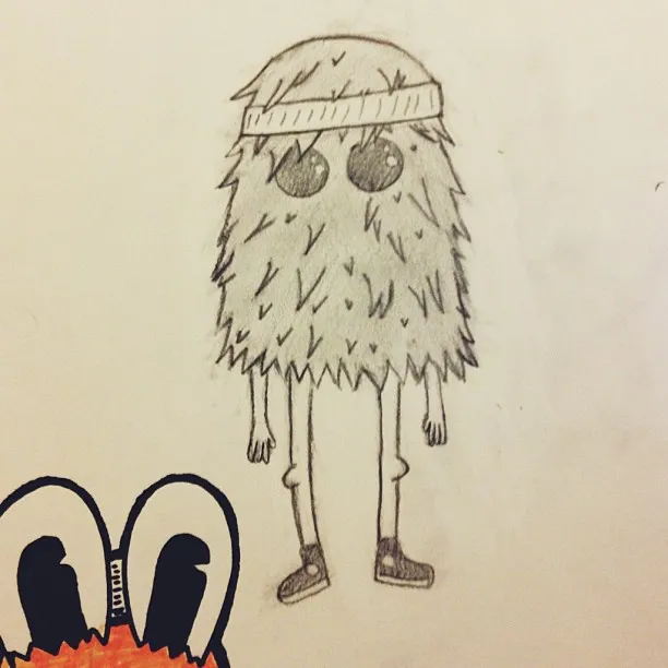 A central, fuzzy, humanoid figure with a striped headband and large eyes stands over a patch of orange scribbles from which two black, curved shapes emerge.