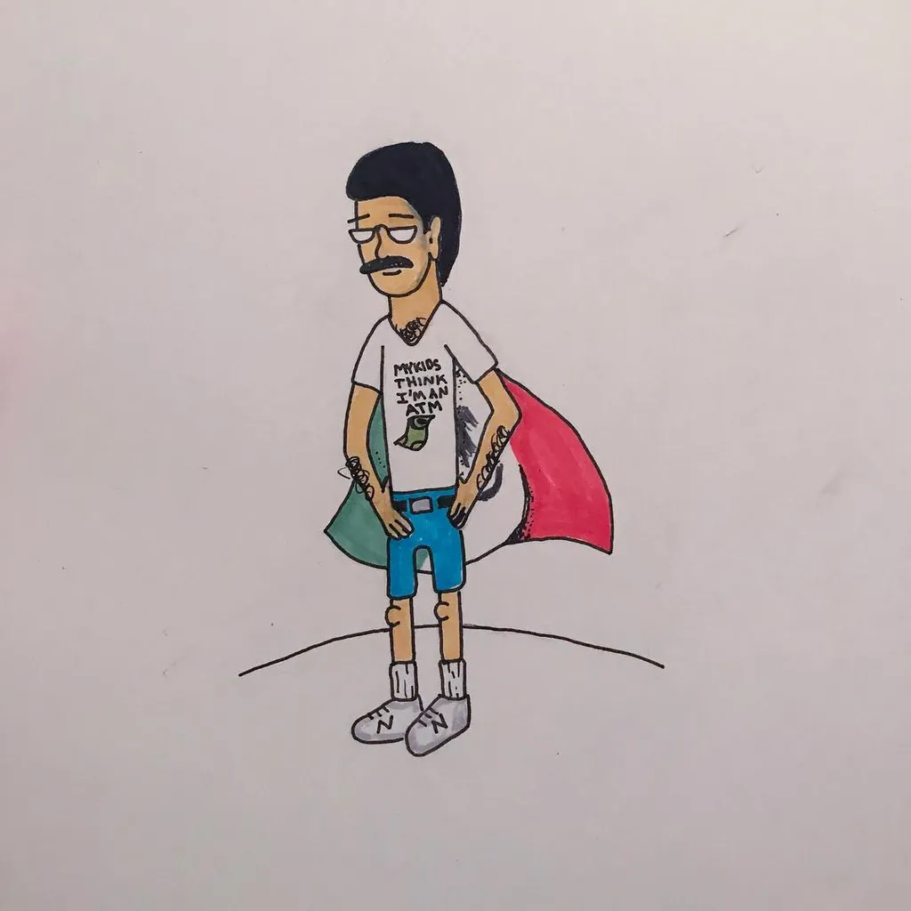 A cartoon drawing of a man with dark hair and a mustache, wearing a white t-shirt and blue shorts, standing next to a large red, white, and blue flag.