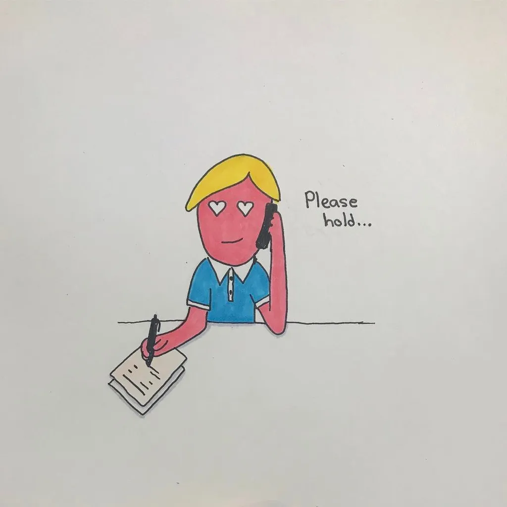 A cartoon drawing shows a blonde figure in a blue shirt writing on paper while holding a phone, with heart shapes drawn on the cheeks, and the text Please hold... visible.