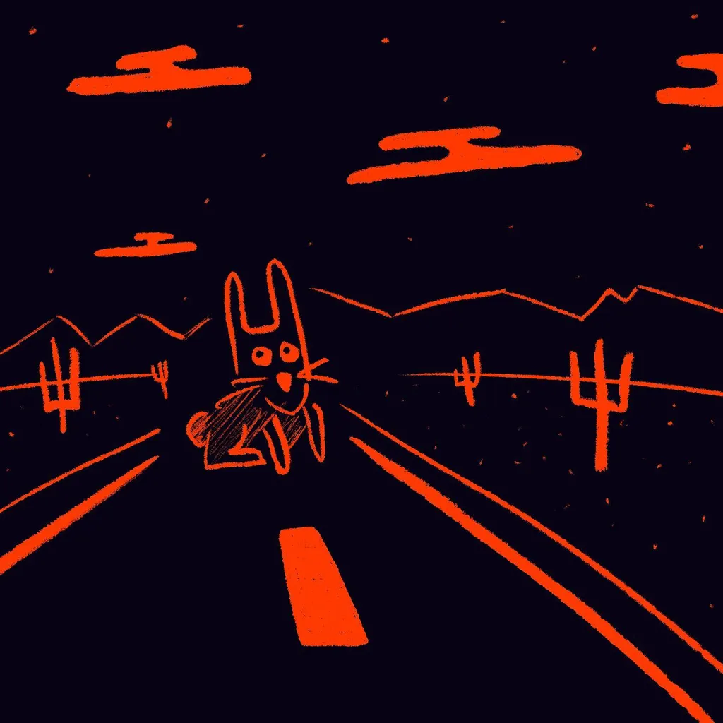 A stylized orange rabbit stands on a converging road beneath jagged orange hills, framed by abstract horizontal lines against a solid black background.
