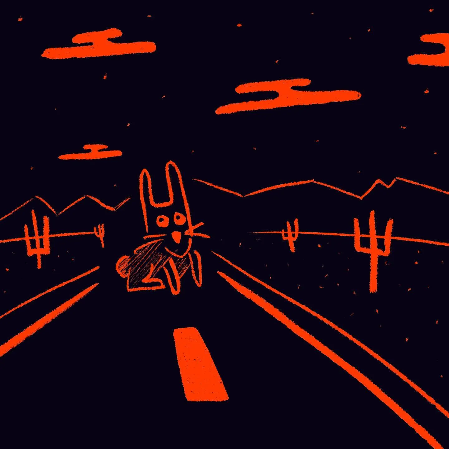 A stylized orange rabbit stands on a converging road beneath jagged orange hills, framed by abstract horizontal lines against a solid black background.