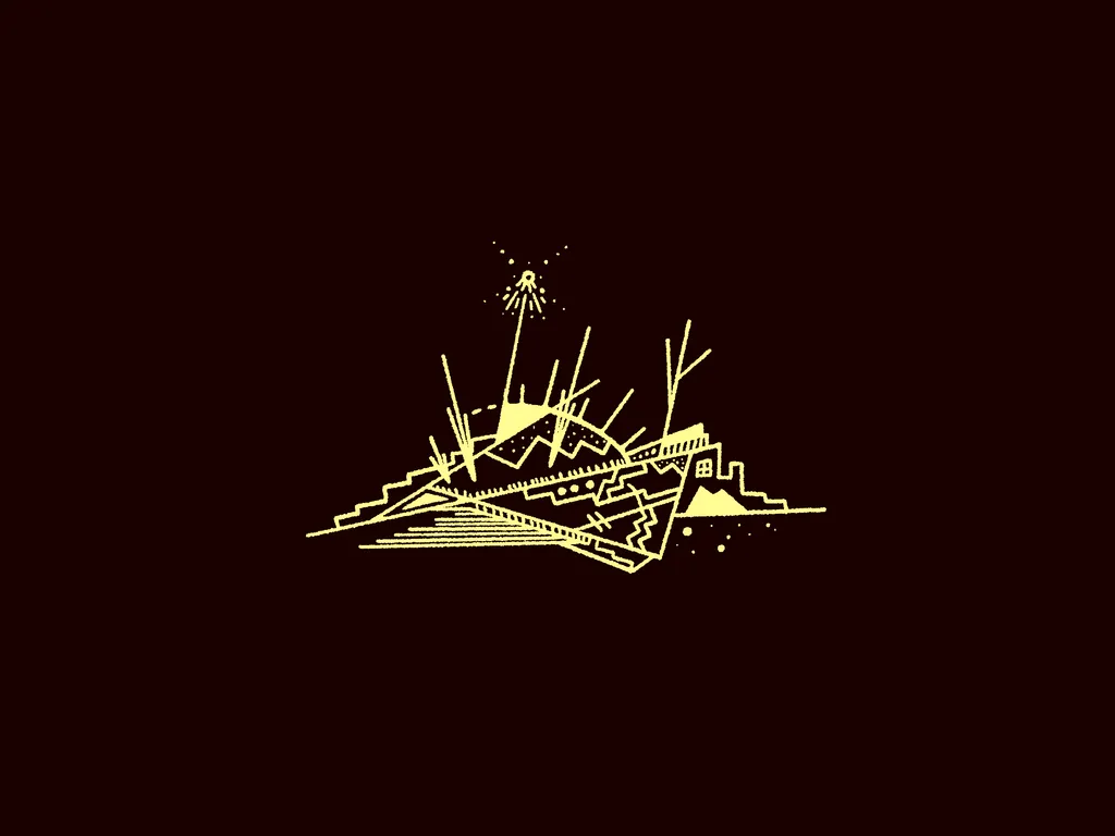 A small, stylized scene featuring a structure, sparse vegetation, and a central bright light against a dark background. Is the bright light an astronaut? It appears so.