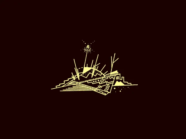 A small, stylized scene featuring a structure, sparse vegetation, and a central bright light against a dark background. Is the bright light an astronaut? It appears so.