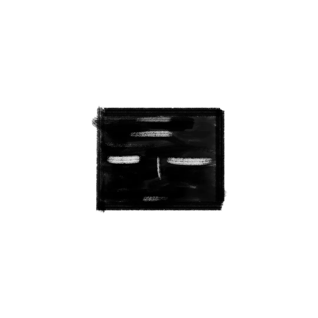 A centered black rectangle features a minimalist face composed of two horizontal white dashes for eyes and a single vertical white dash below them.