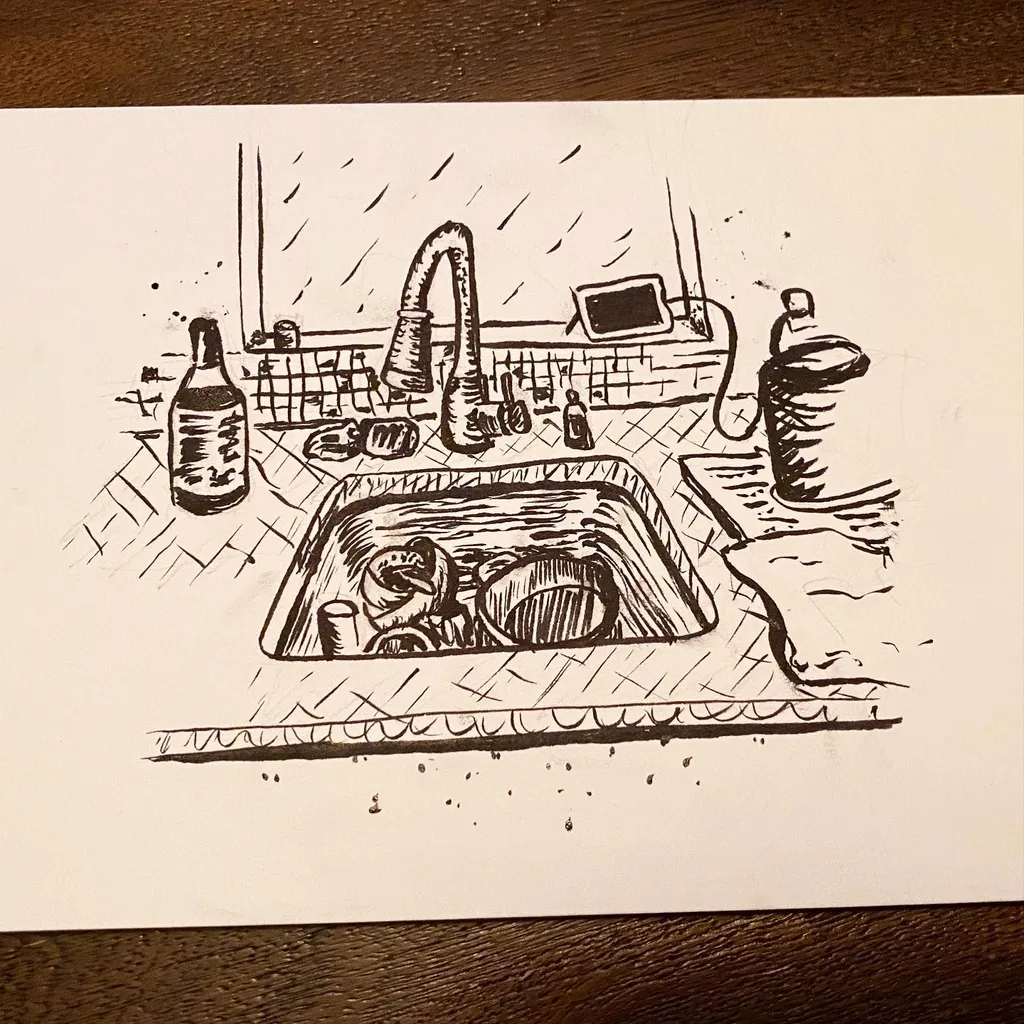 A line drawing of a kitchen sink and counter, featuring a faucet, several bottles, and a basin filled with drawn objects, all marked with splatters and drips.