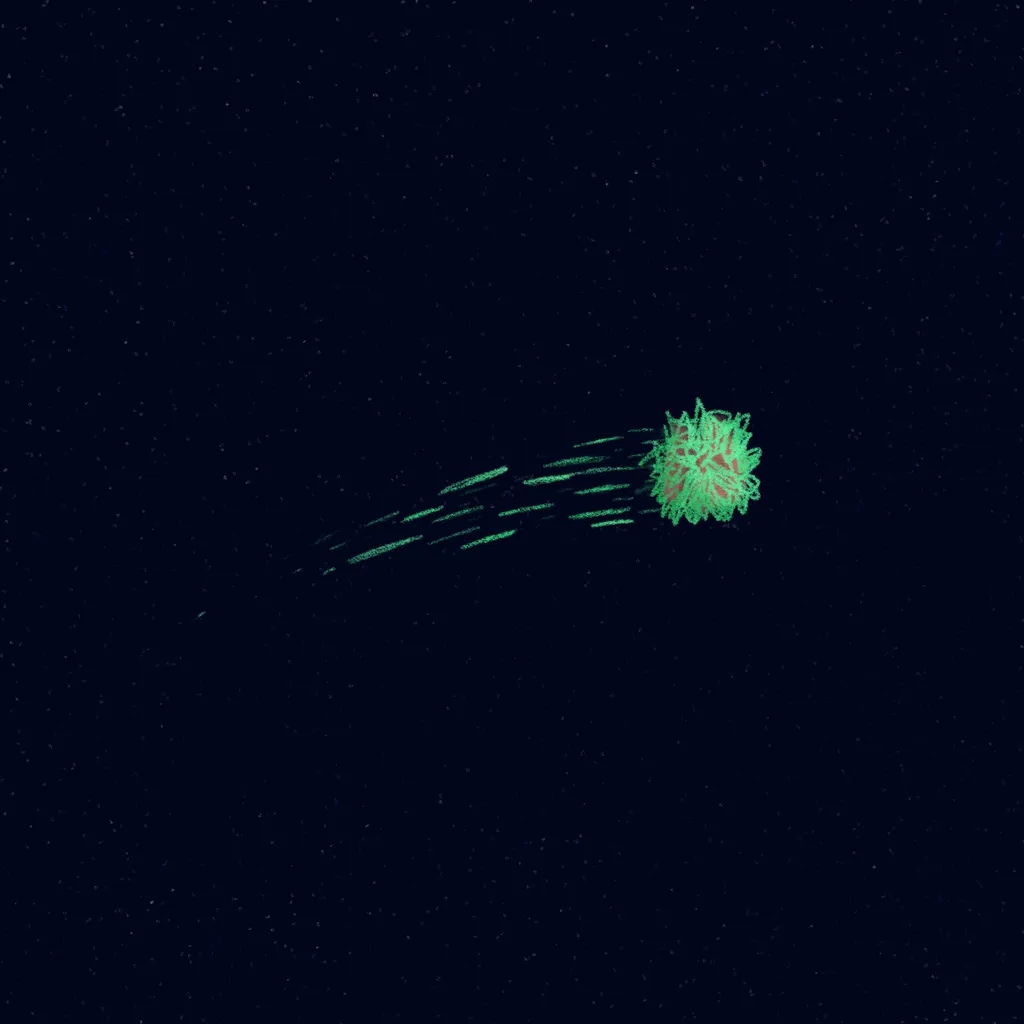 Against a deep black void, a diffuse, bright green cloud is approached by multiple parallel streaks of cyan light originating from the left.