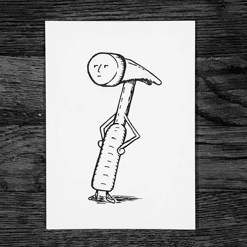A black line drawing depicts a stylized figure with a round head, a body shaped like a drill bit, and an attached handle, standing on white paper.