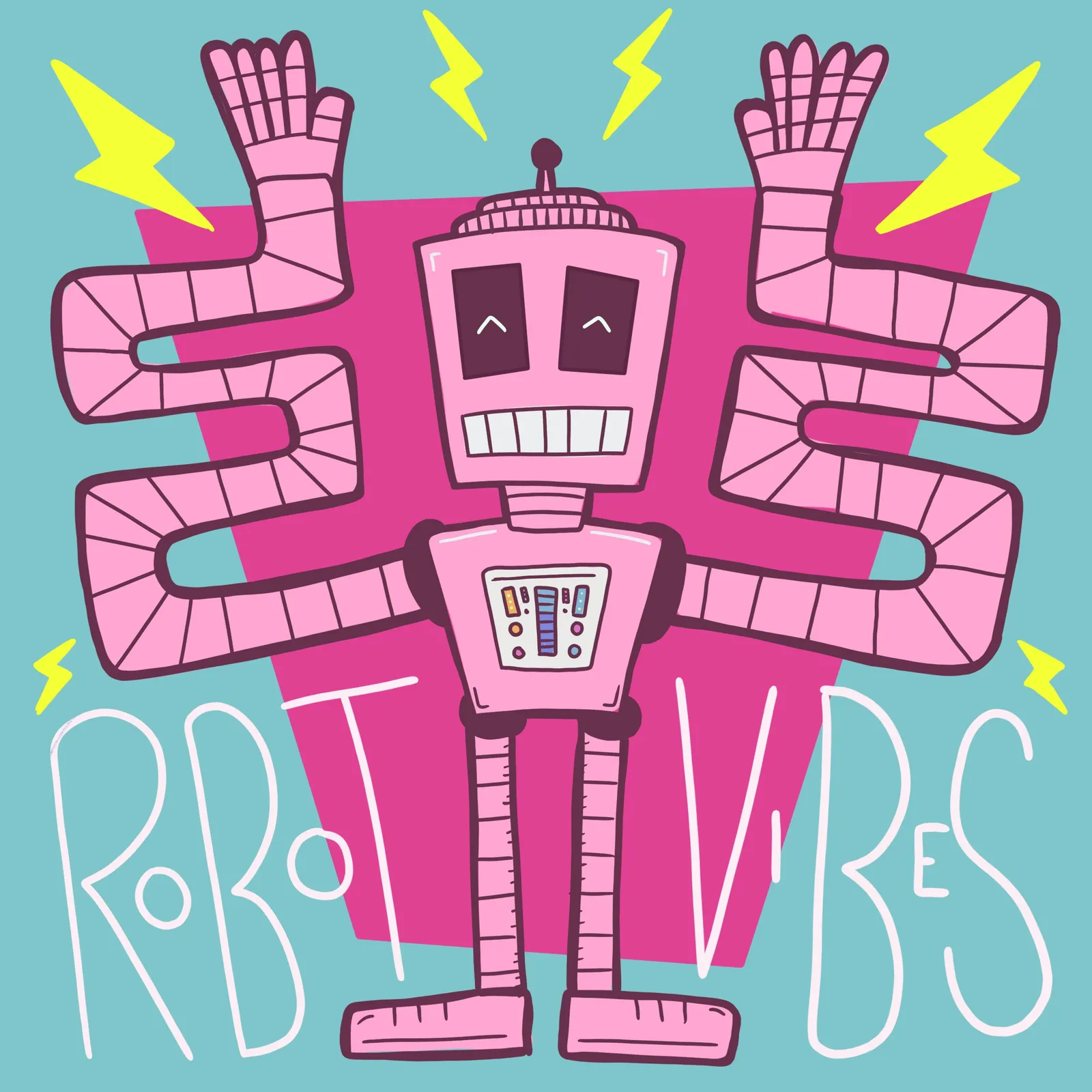 A stylized pink robot with large arms and yellow lightning bolts stands against a teal background, framed by a pink geometric shape, with the words ROBOT VIBES written below.