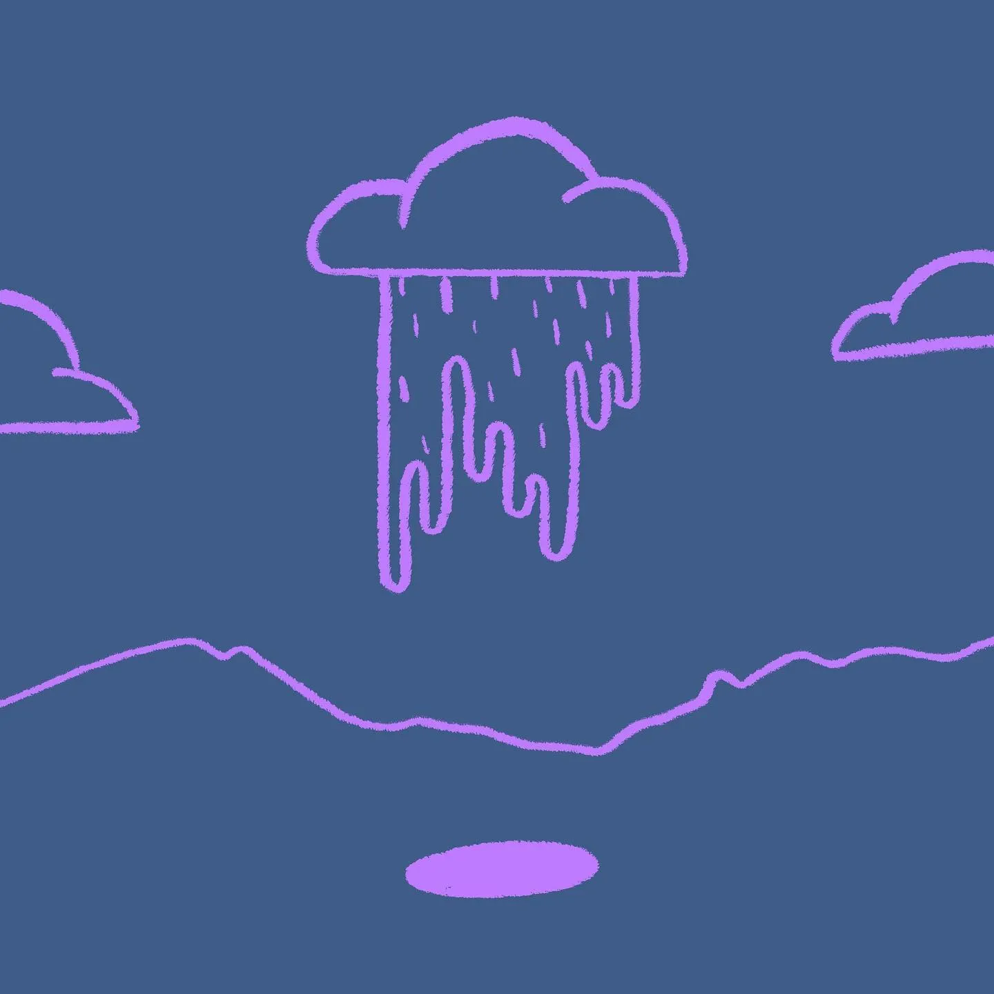 A stylized drawing on a deep blue background features a central cloud raining purple lines, flanked by two smaller clouds, above a wavy purple horizon line with a small oval shape centered below.