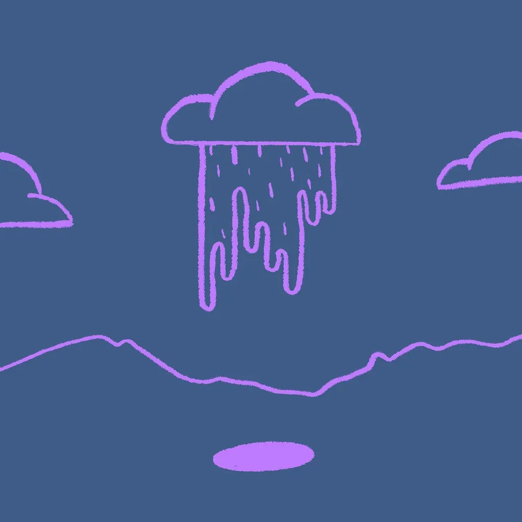 A stylized drawing on a deep blue background features a central cloud raining purple lines, flanked by two smaller clouds, above a wavy purple horizon line with a small oval shape centered below.