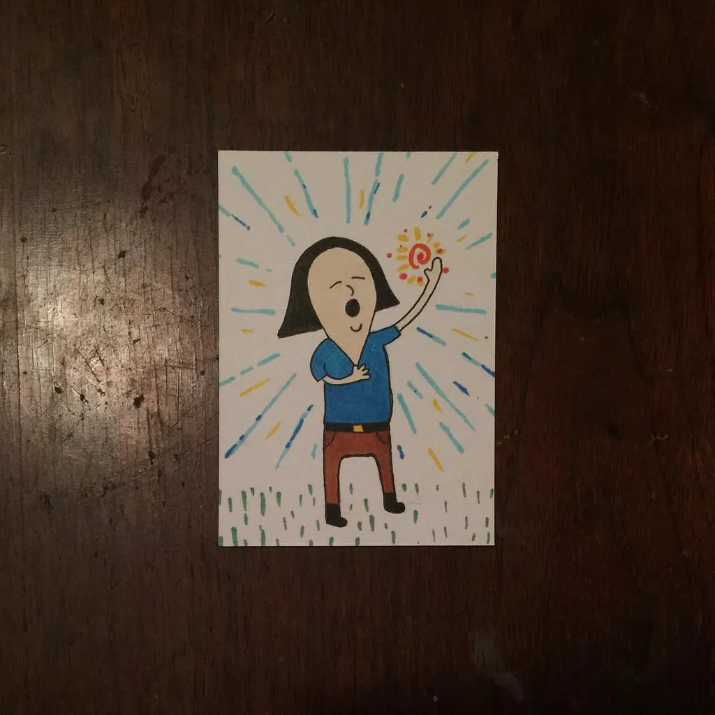 A cartoon figure with dark hair, wearing a blue shirt and red pants, stands centered on a white background marked by radiating yellow and blue lines, holding a small red starburst.