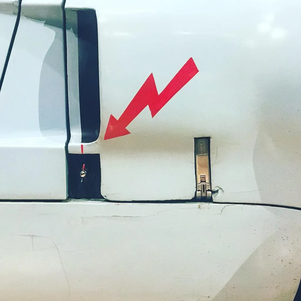 White paneling with a vertical seam and two dark rectangular handles features a large, bright red arrow drawn diagonally across the surface, pointing downward and right.