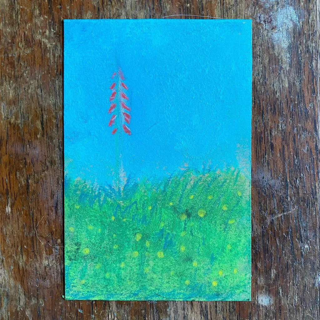A vertical composition features a bright blue upper section above a dense field of yellow-dotted green, with a cluster of red, stylized vertical plants rising from the blue area.