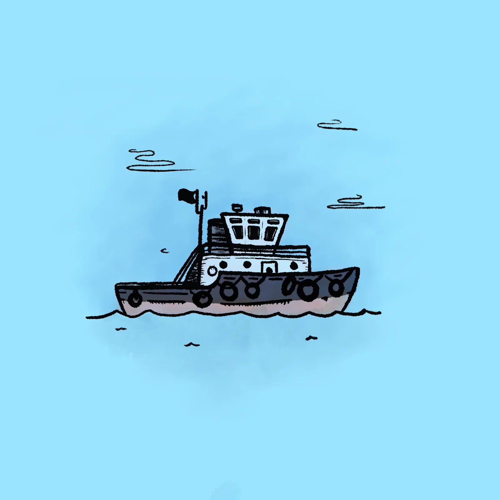 A sketchy drawing of a sturdy tugboat, outlined in black and dark blue, sits on a wavy line of water against a solid light blue background.