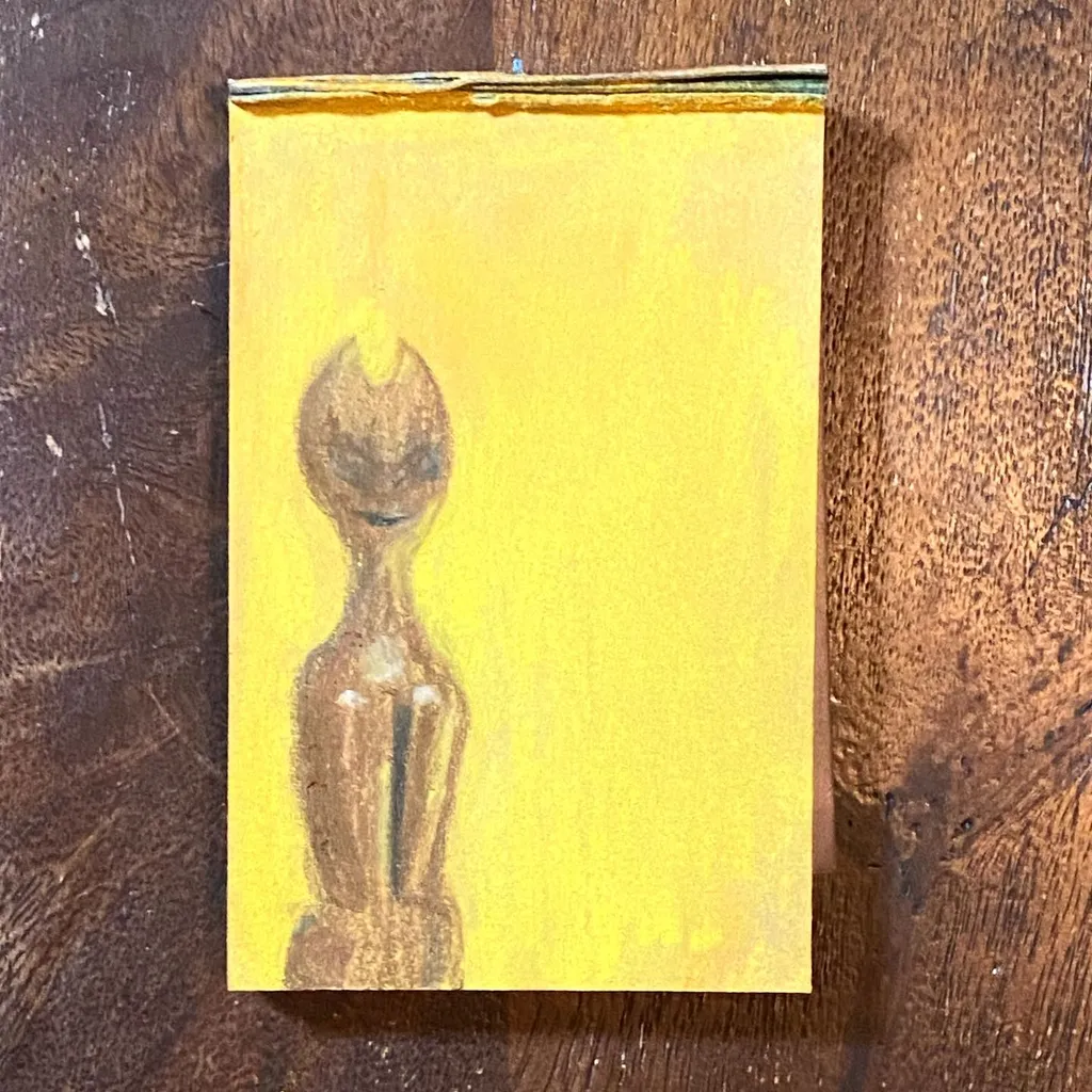 A vertical, brown, stylized figure with a prominent head occupies the left side of a bright yellow rectangular composition, painted with visible brushstrokes.