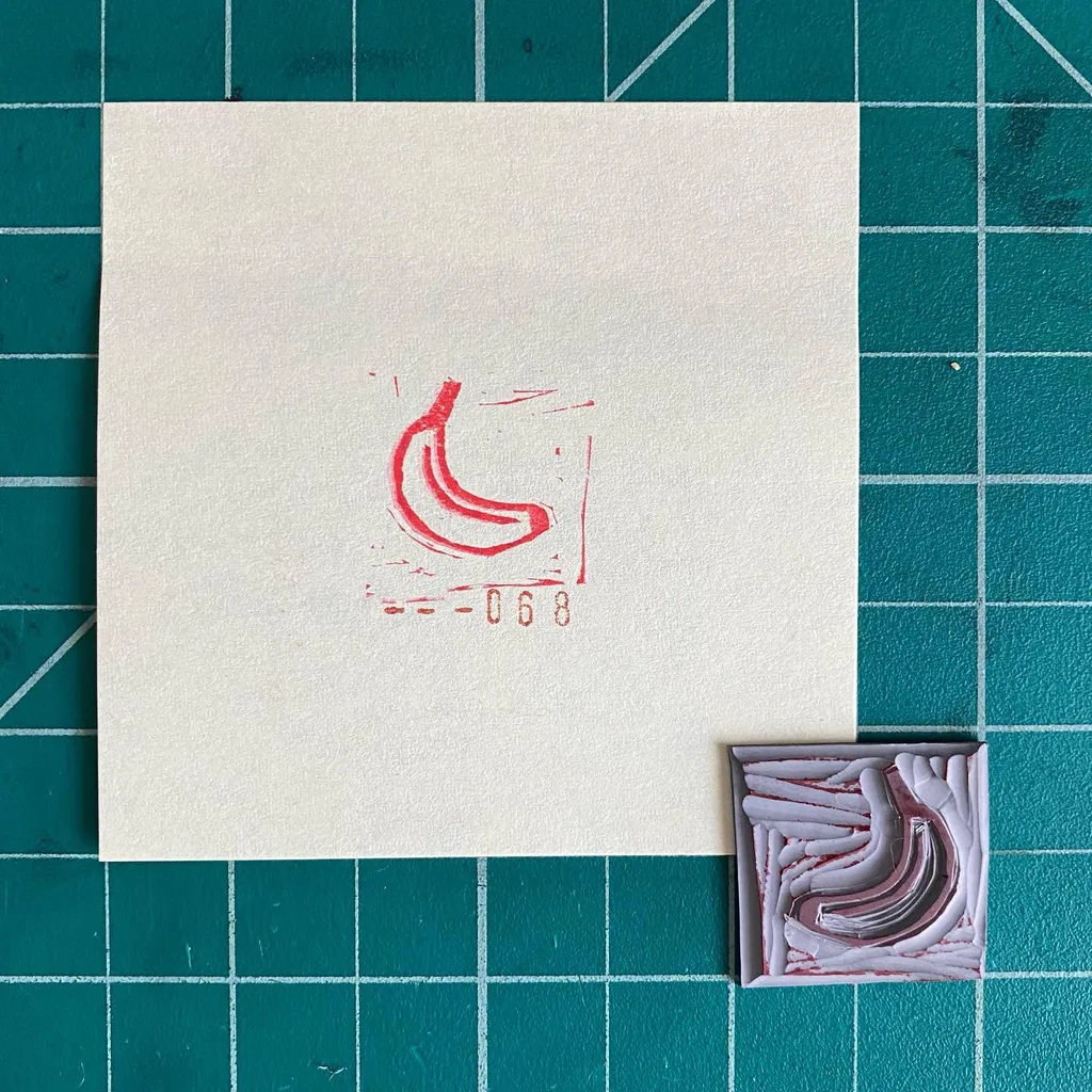 On a teal grid, a cream paper displays a reddish-pink drawing of a curved object and the numbers 068, next to two small squares featuring layered white, gray, and pink swirls.