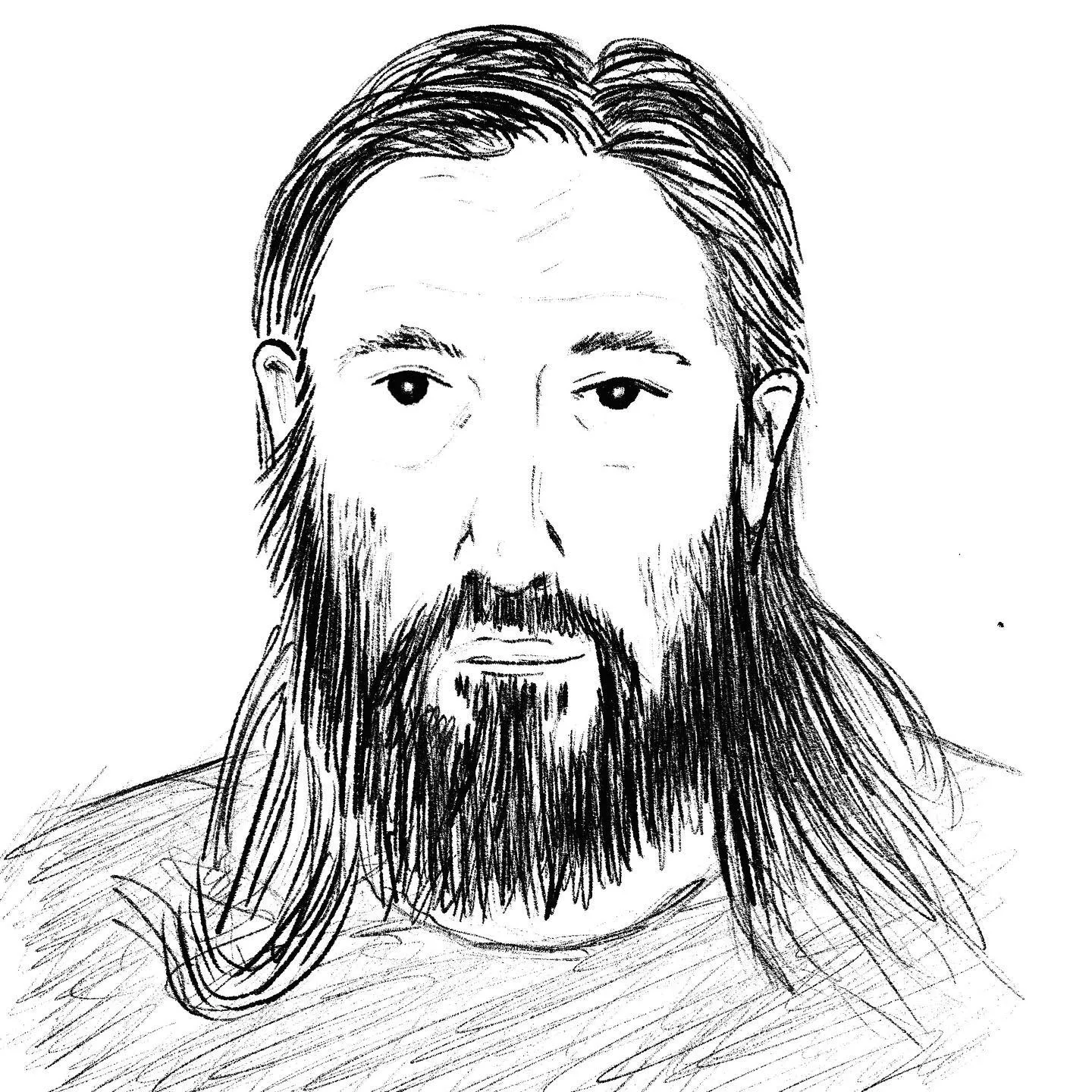 Sketch portrait of a man with long, flowing hair and a full beard, rendered in black and white with visible pencil lines and detailed shading.