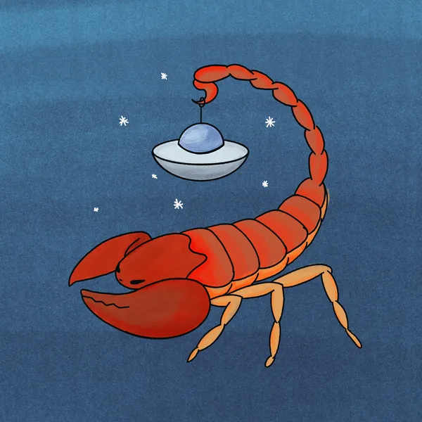 A stylized red lobster rests against a dark blue background, with a white, saucer-shaped object containing a blue sphere hovering above its curved tail, accompanied by scattered white star marks.