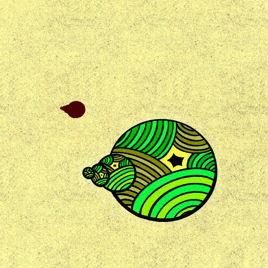 A sparse, yellowish background holds a large, stylized circle of wavy green lines and a small black star, balanced by two smaller dark reddish-brown shapes to the left.