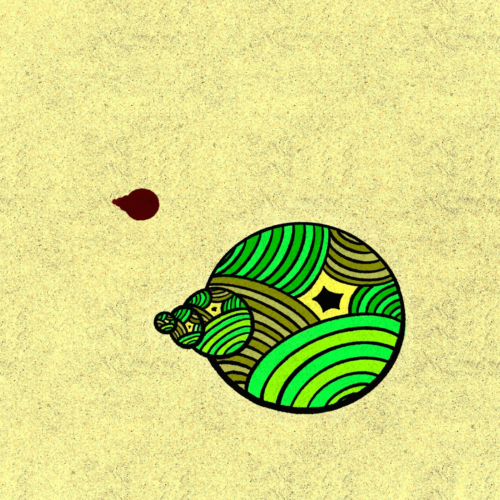 A sparse, yellowish background holds a large, stylized circle of wavy green lines and a small black star, balanced by two smaller dark reddish-brown shapes to the left.