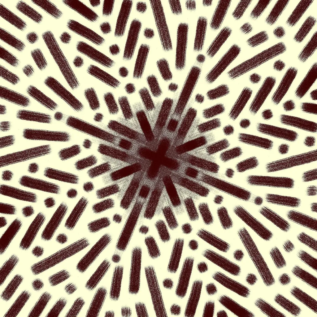 A radial abstract pattern in dark maroon and cream, featuring radiating lines and scattered dots that explode outward from a central point.