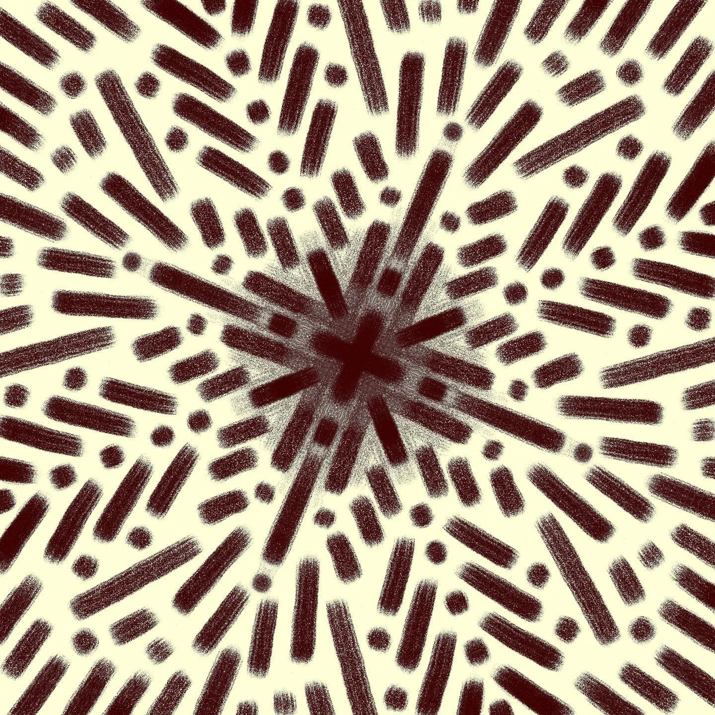 A radial abstract pattern in dark maroon and cream, featuring radiating lines and scattered dots that explode outward from a central point.