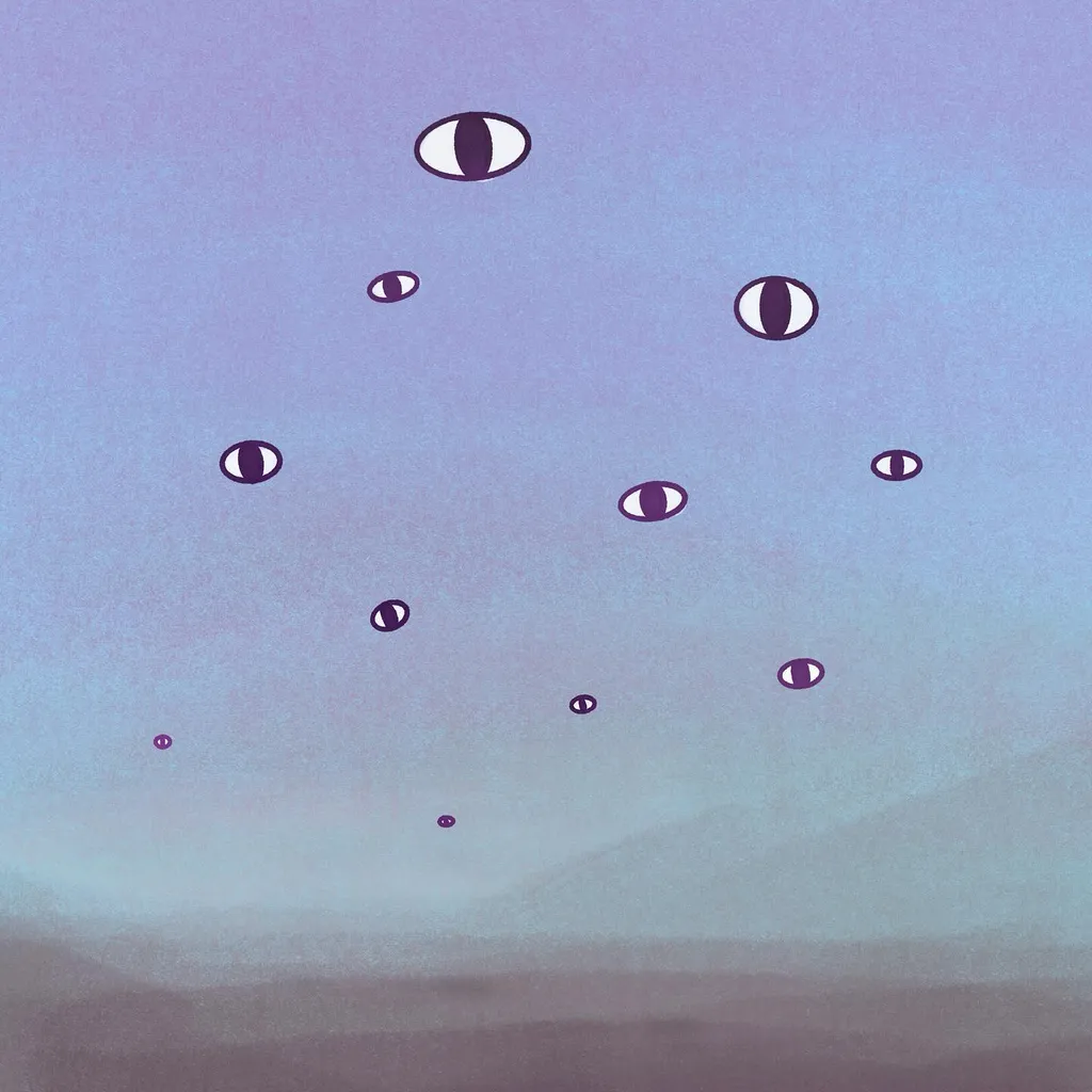 Scattered across a soft blue and purple gradient are several stylized, dark almond-shaped eyes of varying sizes, set above a darker horizontal band.