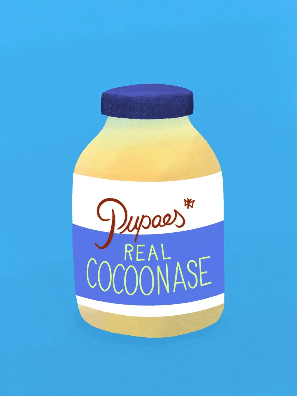 A stylized illustration of a yellow and white jar with a dark blue lid, featuring the text Dupaes Real Cocoonase in blue and red script.