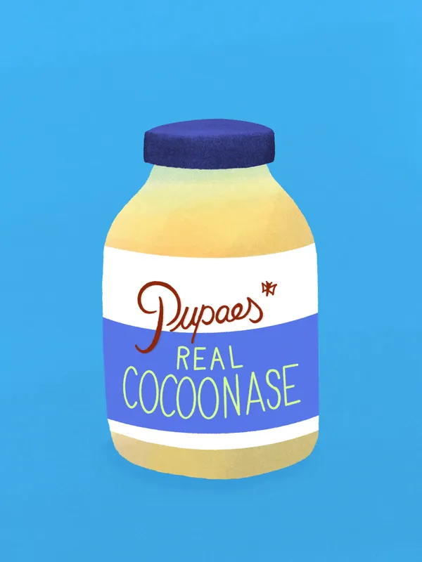 A stylized illustration of a yellow and white jar with a dark blue lid, featuring the text Dupaes Real Cocoonase in blue and red script.