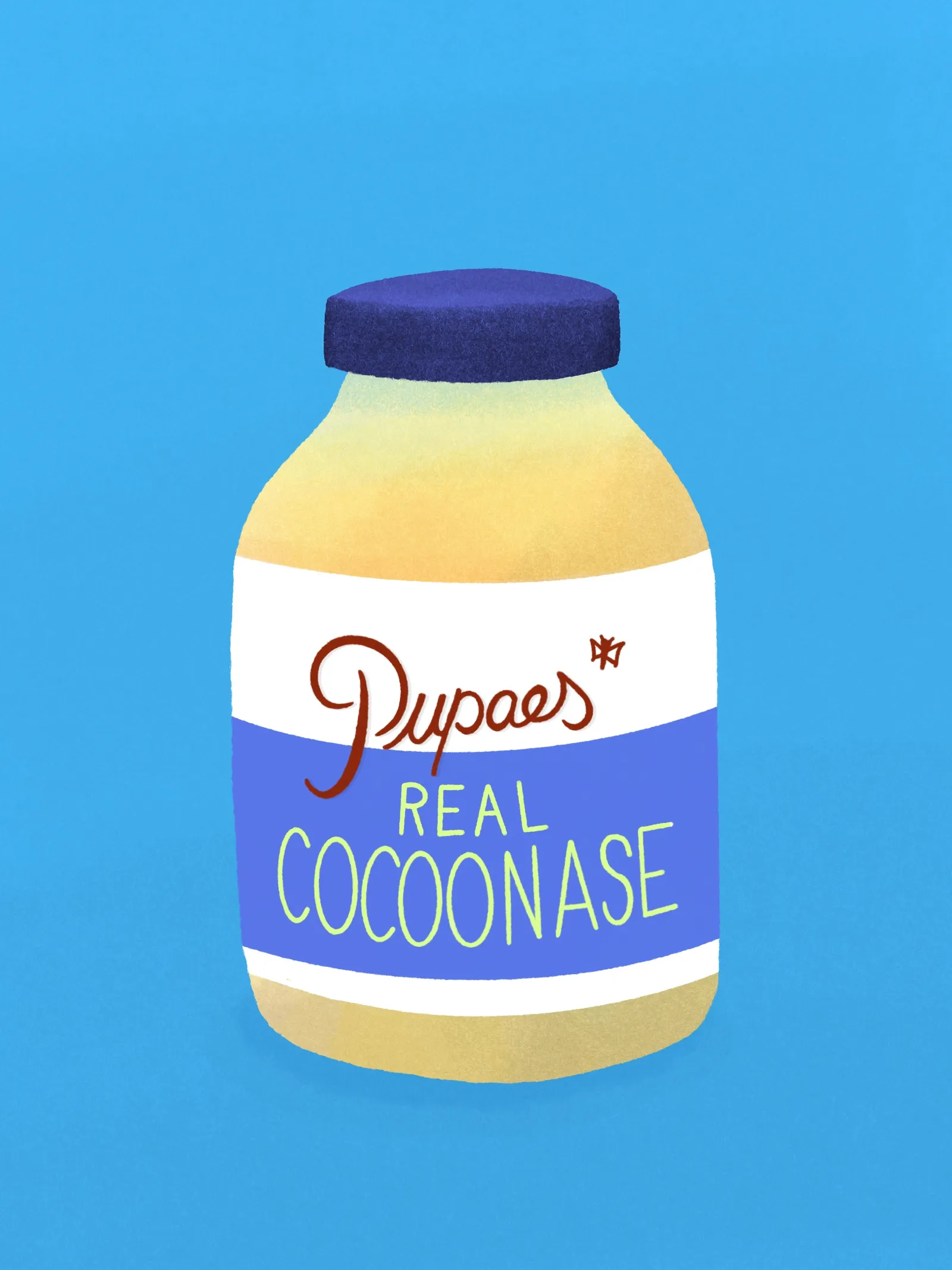 A stylized illustration of a yellow and white jar with a dark blue lid, featuring the text Dupaes Real Cocoonase in blue and red script.