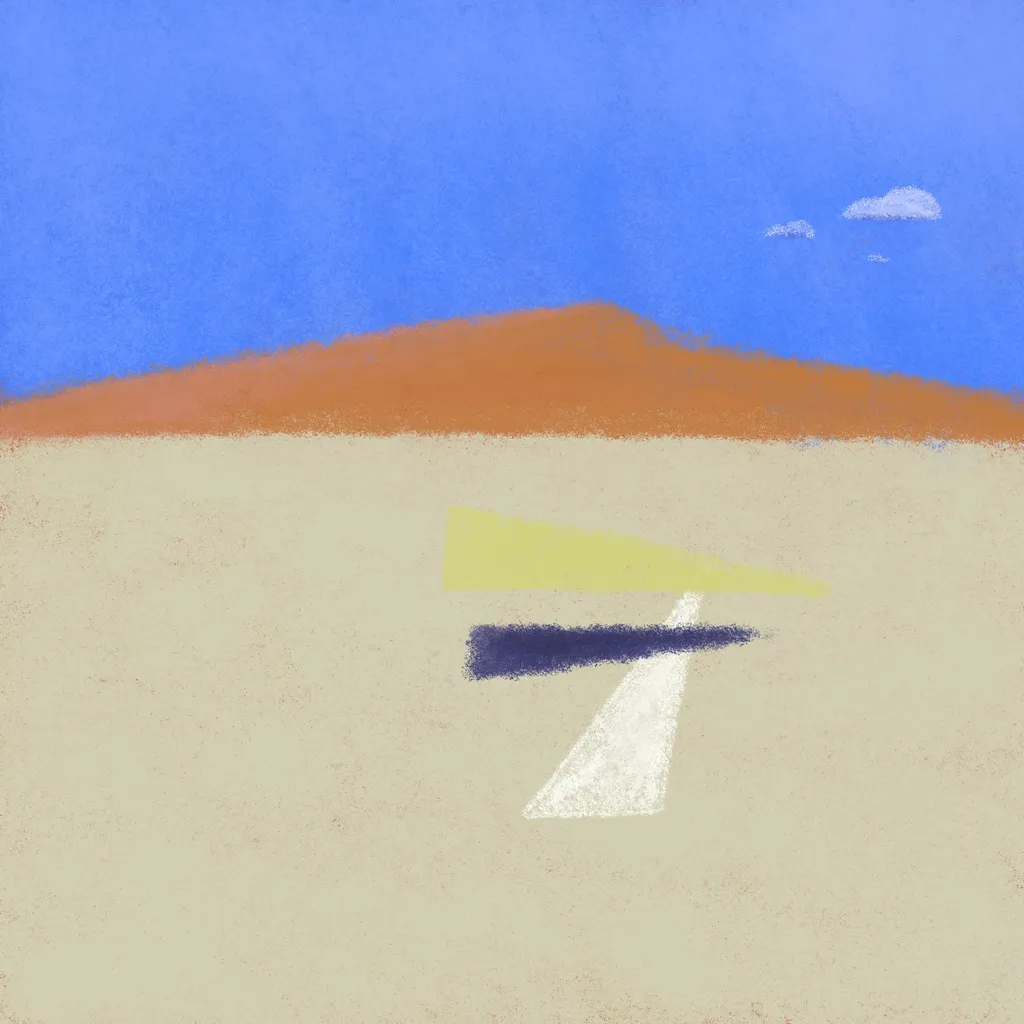 Blue sky over an orange hill meets a tan foreground, featuring a stylized white and dark blue airplane centered on the ground.