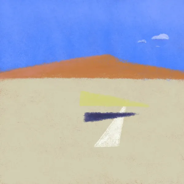 Blue sky over an orange hill meets a tan foreground, featuring a stylized white and dark blue airplane centered on the ground.