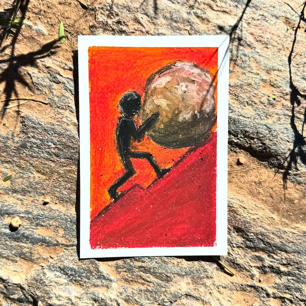 A small, dark figure pushes a large, round, light-colored object up a steep, bright red slope against a vibrant orange and red background.