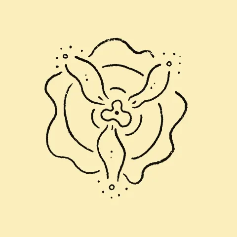 A black line drawing of a stylized, symmetrical flower with overlapping, curved petals radiating from a central point on a light tan background.