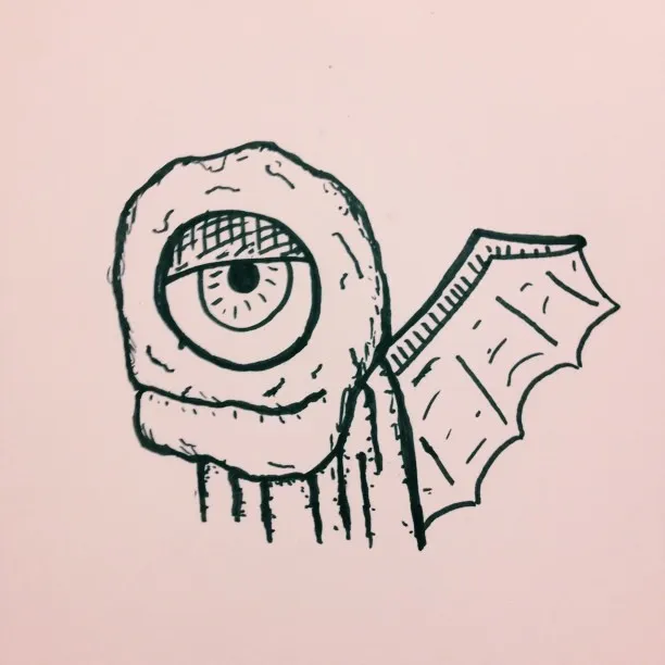 The drawing features a large, detailed eye connected to a structured, bat-like wing, rendered in black lines on a solid pale pink background.
