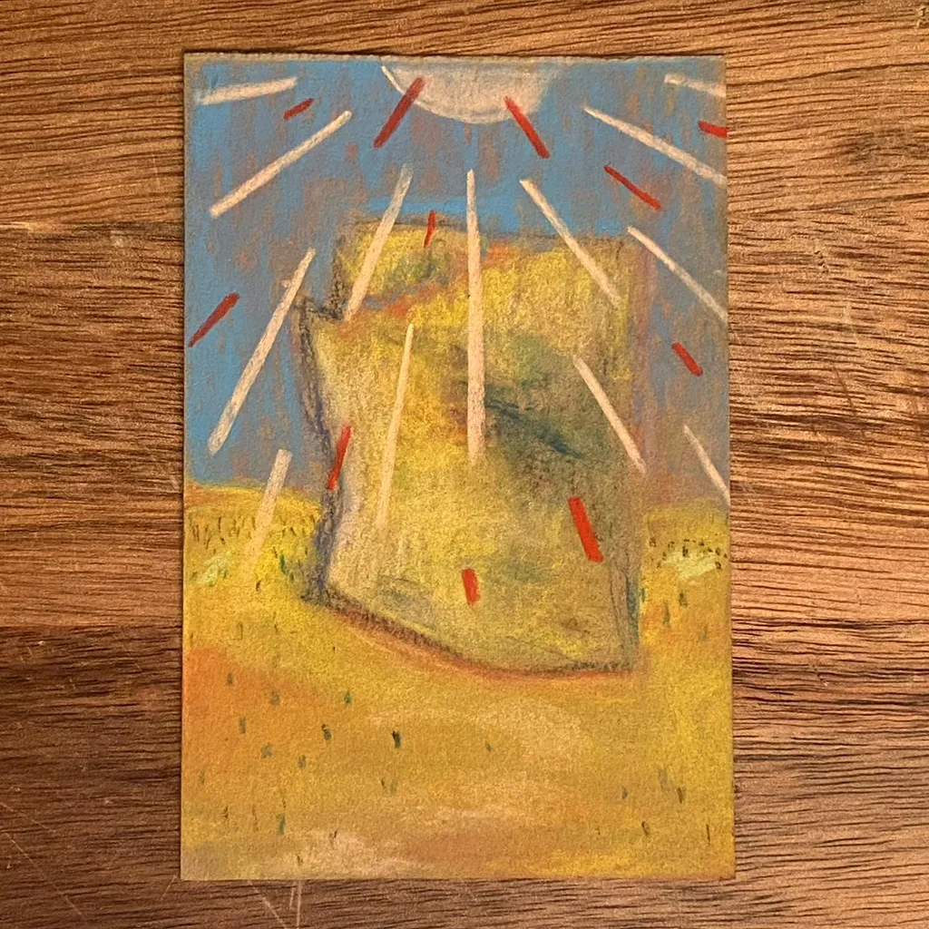 Abstract composition featuring a yellow mound under a blue sky, intersected by radiating white and red diagonal lines, resting on a textured gold base.