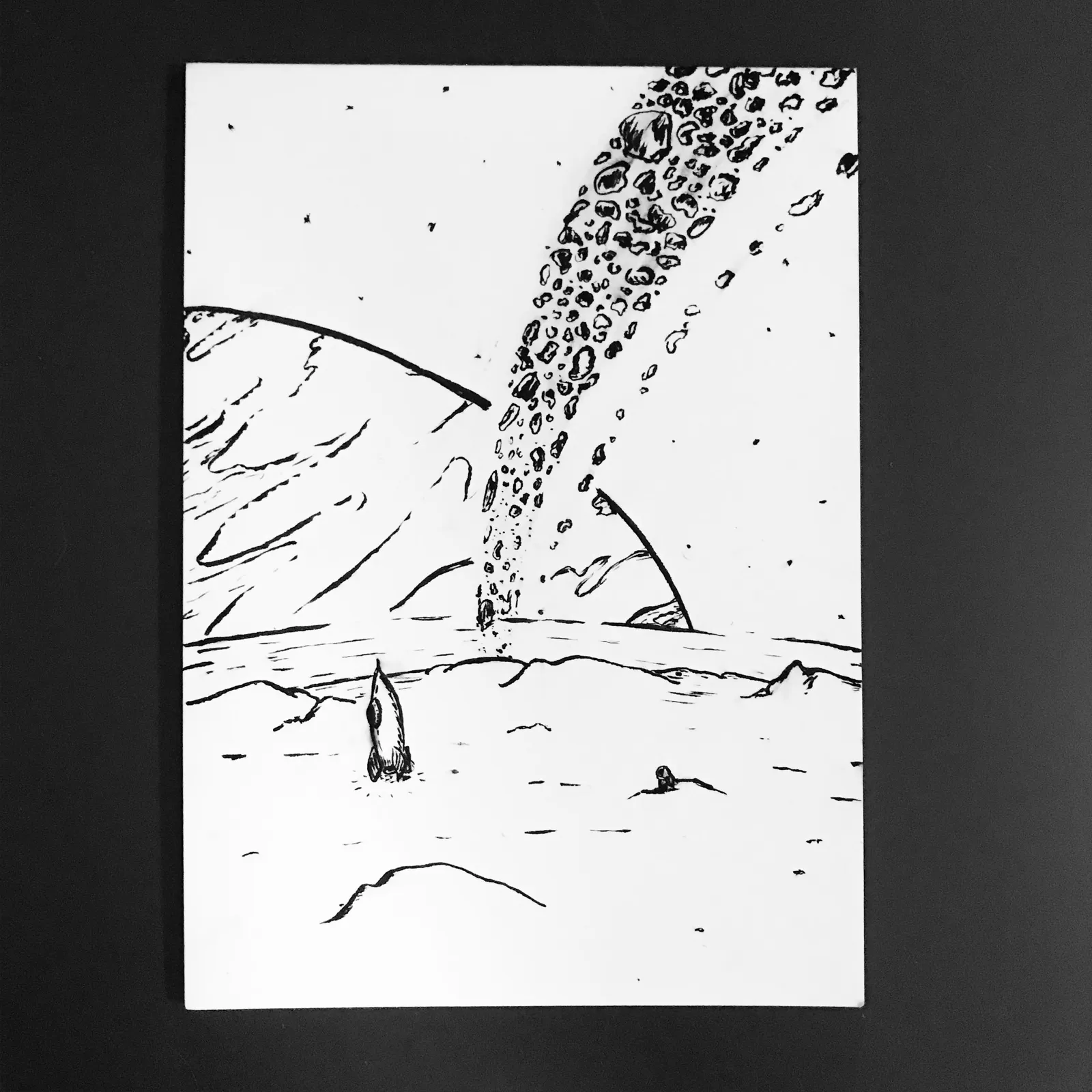 Black and white line drawing depicting a stark landscape with curved background forms, small figures on the ground, and a dense, vertical column of bubbles rising from the center.
