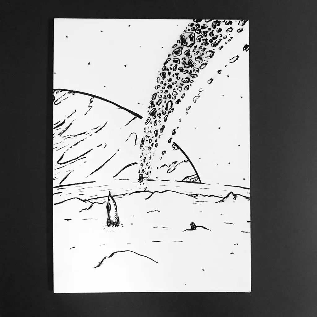 Black and white line drawing depicting a stark landscape with curved background forms, small figures on the ground, and a dense, vertical column of bubbles rising from the center.