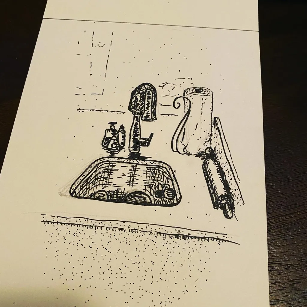 Black ink lines on light paper depict three sketched objects—a low basket, a central dispenser, and a large vertical container—set against a background of faint dashed lines and speckling.