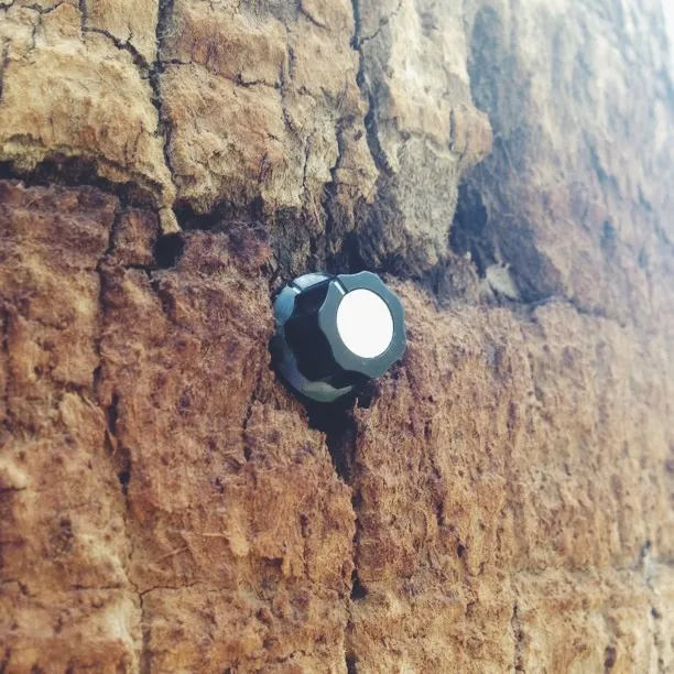 A highly textured, cracked brown surface dominates the frame, featuring a metallic bolt with a bright, reflective head embedded into the rough material.