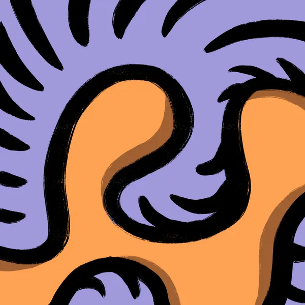 Abstract composition featuring thick black lines separating vibrant purple and orange fields, dominated by a central, curved black line that connects radiating lines in the purple area with bold, curved shapes in the orange area.