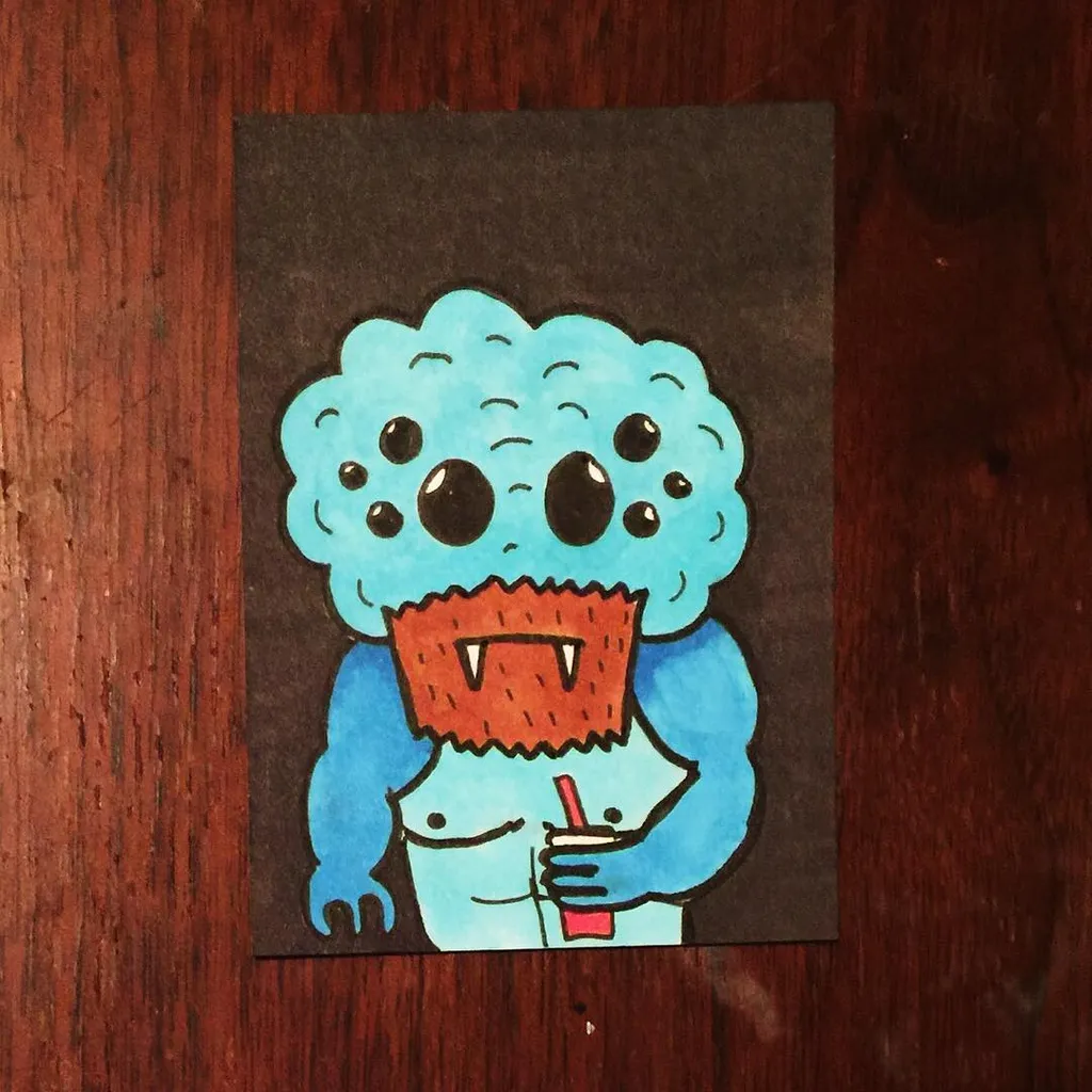 A light blue, bubbly cartoon creature with large black eyes and an orange toothy mouth holds a red and white straw against a dark brown background.