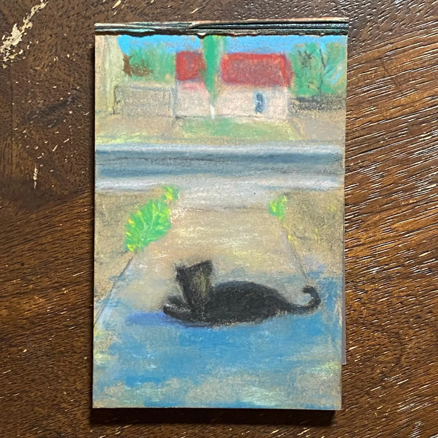 A black cat rests in a blue foreground, positioned below a row of simple houses with red roofs and white walls, framed by green foliage and tan ground.