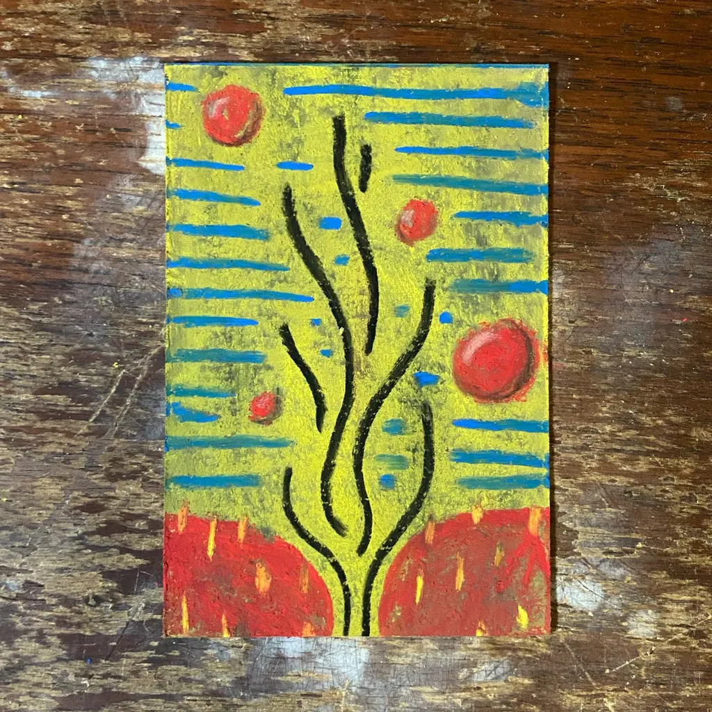 A stylized vertical painting features a yellow background with blue horizontal lines, a red ground base, and thick, wavy black stems rising from the bottom, accented by scattered red circles.