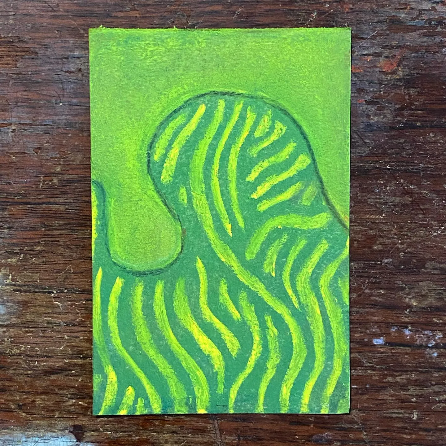 The artwork shows a vertical composition with a smooth, solid green upper area transitioning into a lower section of dense, wavy yellow-green lines.